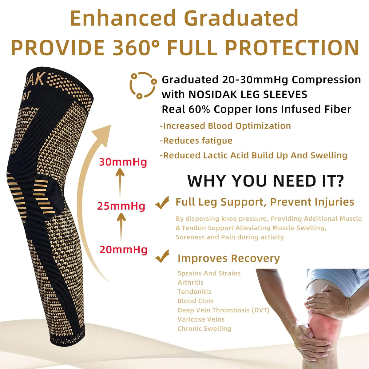 1Pcs Copper Long Knitted Compression Knee Braces - Full Leg Compression Sleeves for Men & Women - Support for Exercise ﻿