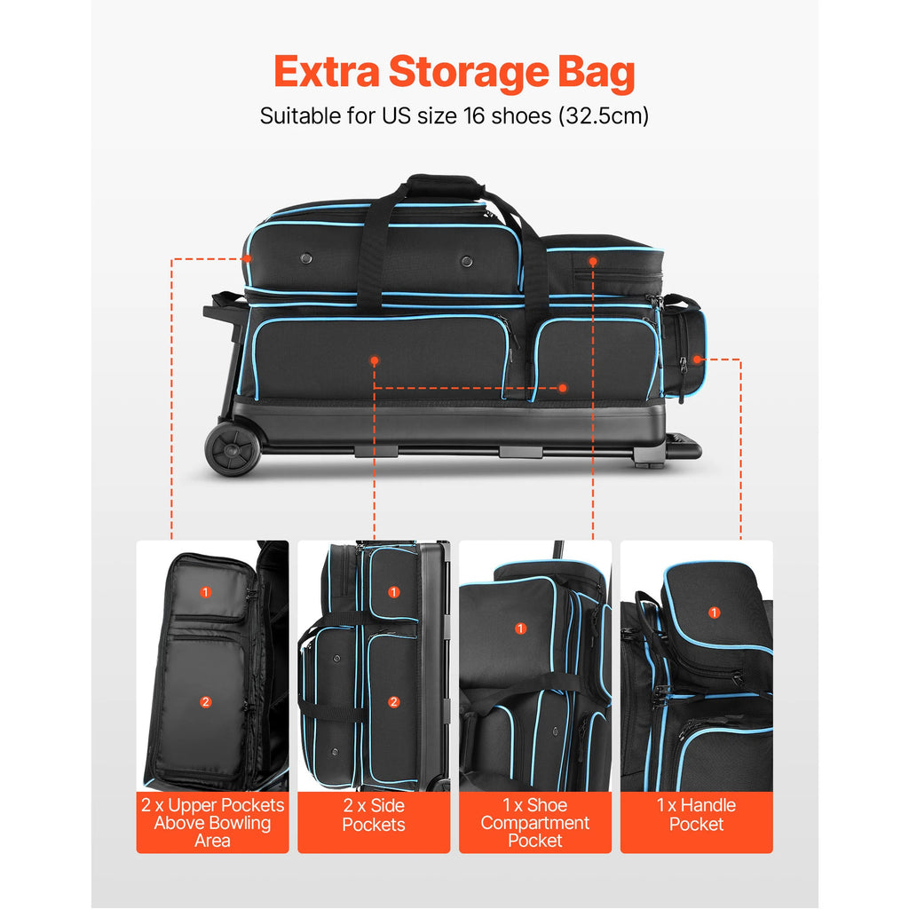 SucceBuy Bowling Ball Bag 3 Ball Double Roller Bowling Bag Featuring a Separate Compartment for Shoes Retractable Handle Extends