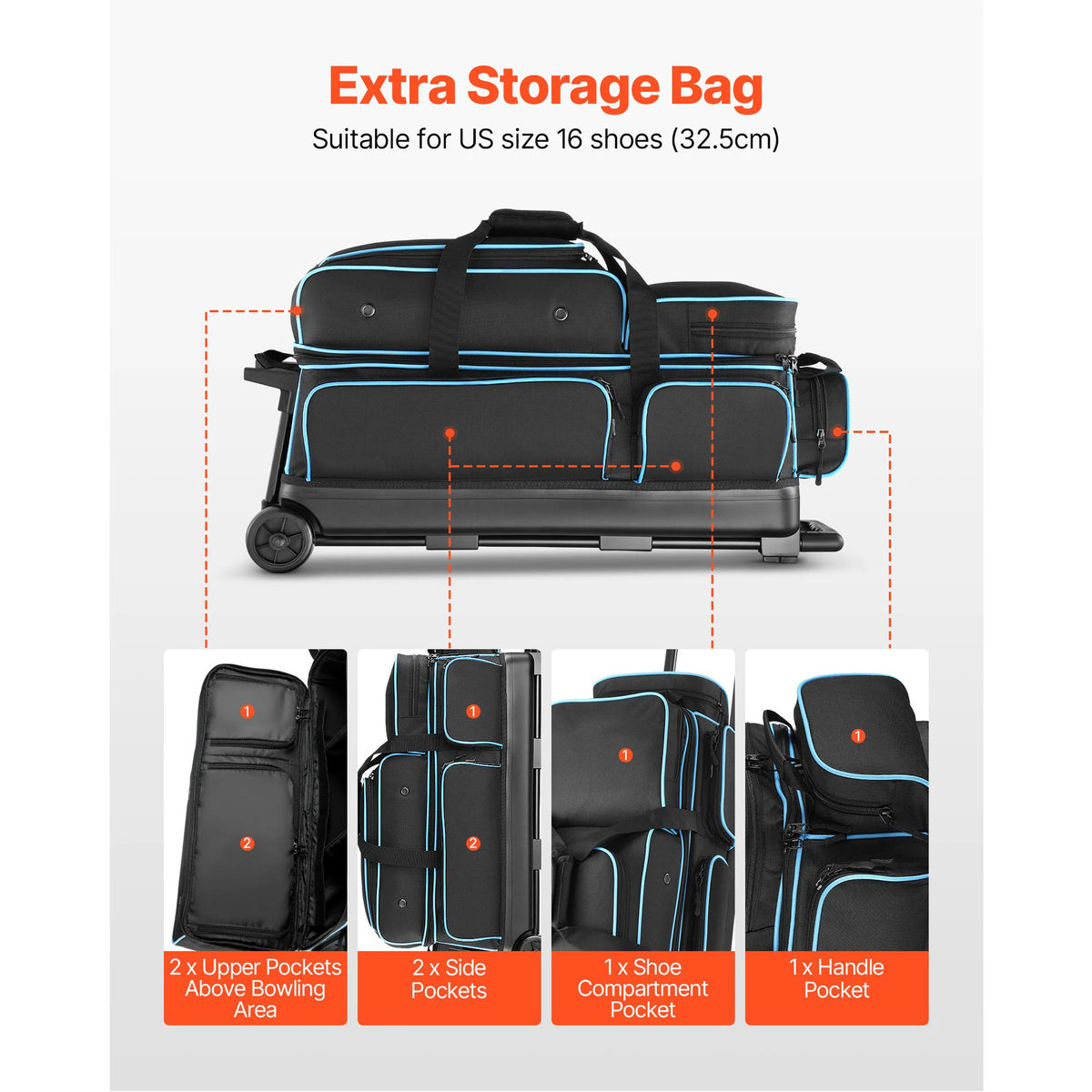 SucceBuy Bowling Ball Bag 3 Ball Double Roller Bowling Bag Featuring a Separate Compartment for Shoes Retractable Handle Extends