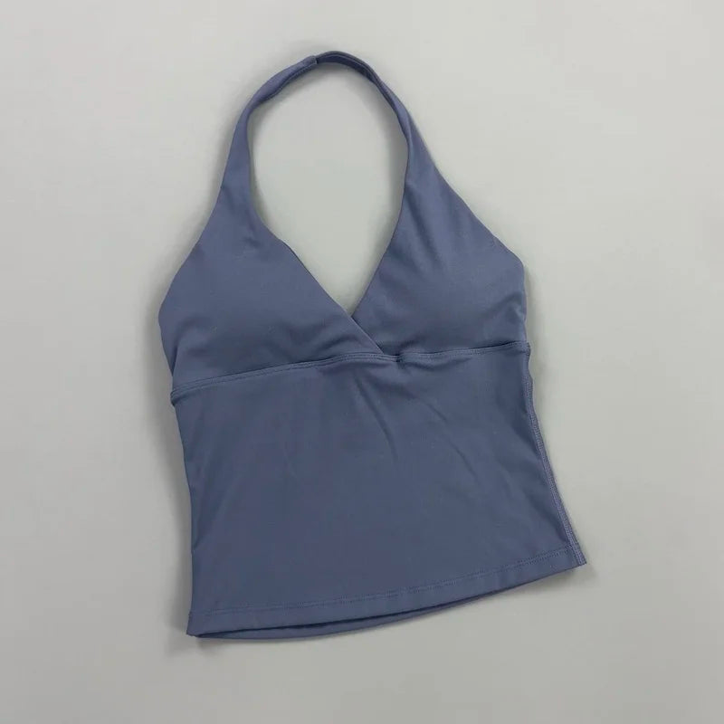 Women Halter Cropped Tank Top V‑Neck Built‑in Padded Bra Sleeveless Stretchy Soft Camisole Yoga Gym Workout Fitness ActiveWear