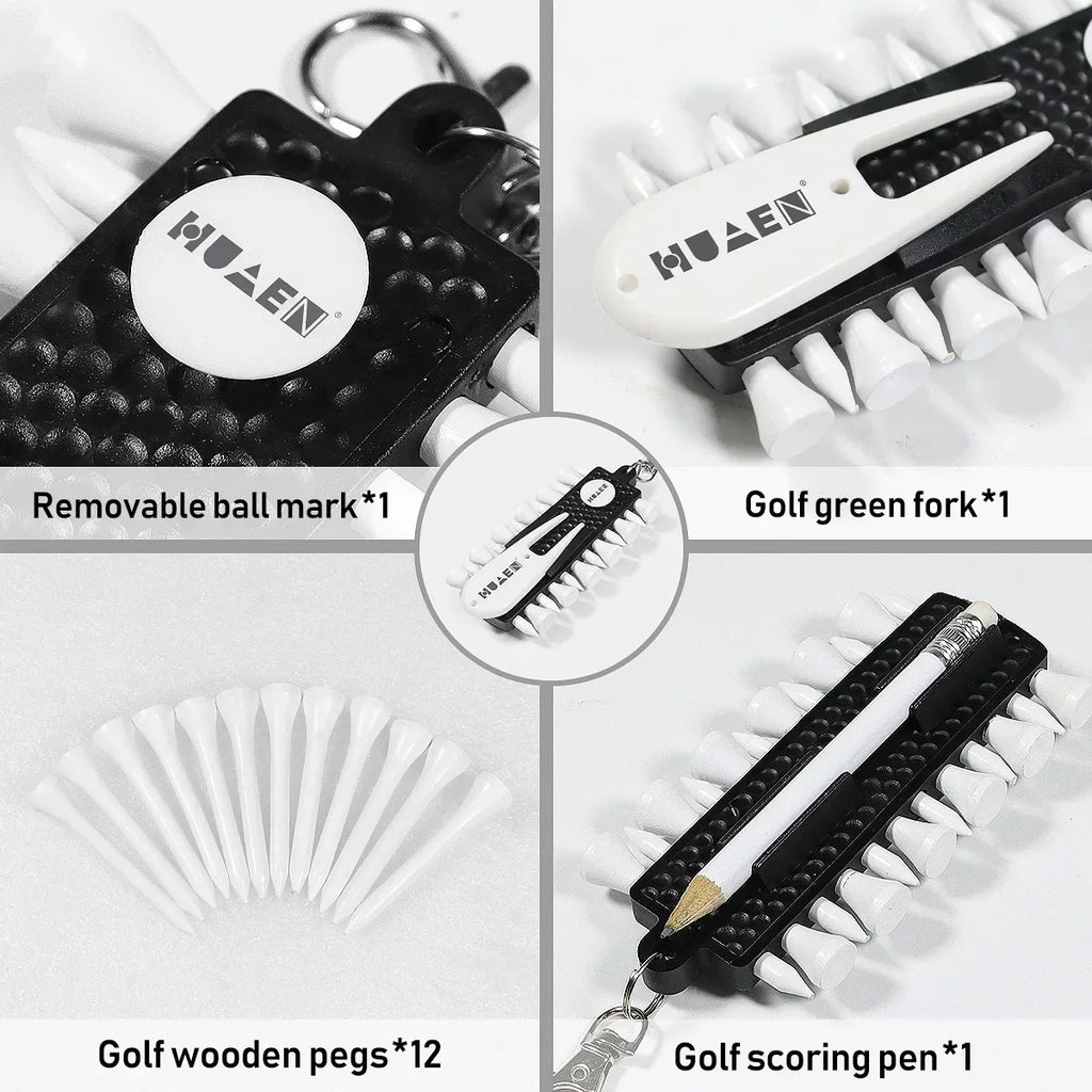 Golf Tees Rack with 12pcs Tees Green Fork and Pencil Portable Golf Accessory Storage Device TC001