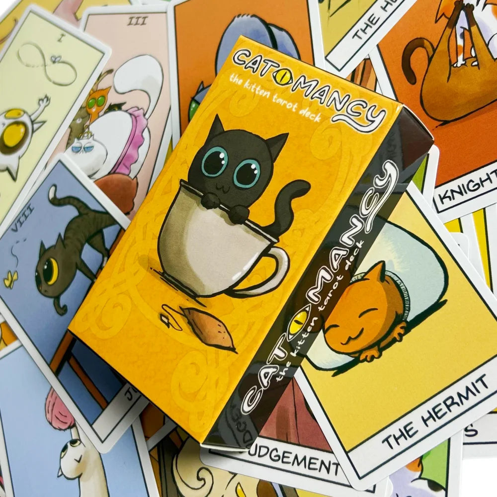 Cat Mancy Kitten Tarot Deck 78 Cards English Version Divination for Family Party Perfect Board Game for Cat Lovers (10.3*6cm)