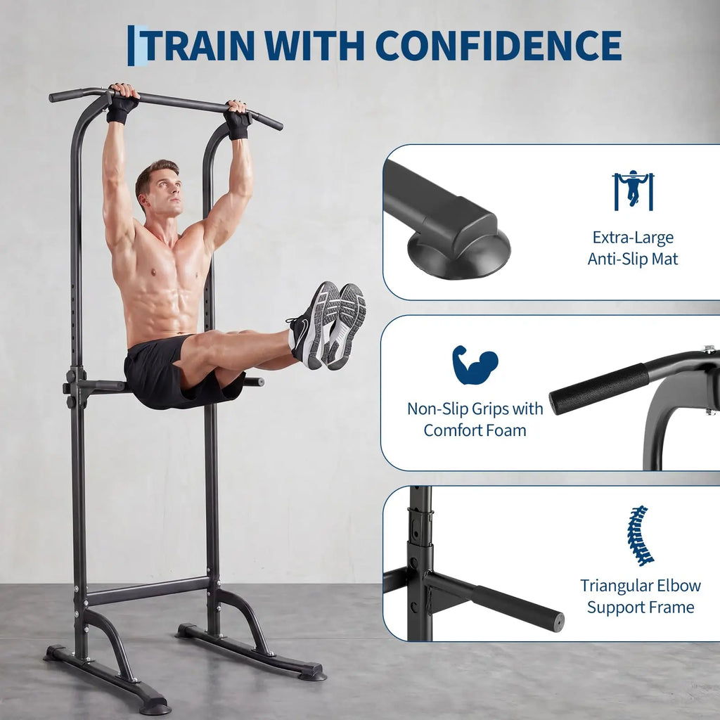 Power Tower Pull Up Dip Station 10 Level Adjustable Height 330 LBS Capacity Heavy Duty Steel Frame Multi Function Home Gym Strength Training Equipment For Full Body Workout