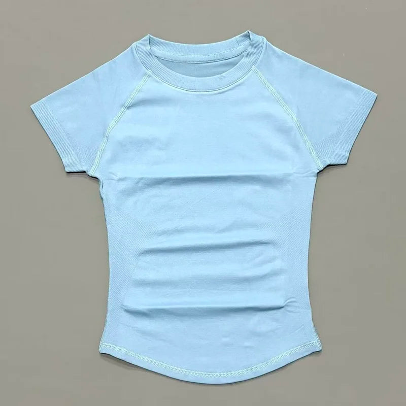 Sport Short Sleeve Top Women Running Sports T Shirt Summer Short Sleeve Round Neck Breathable Stretchy Gym Yoga Fitness Top