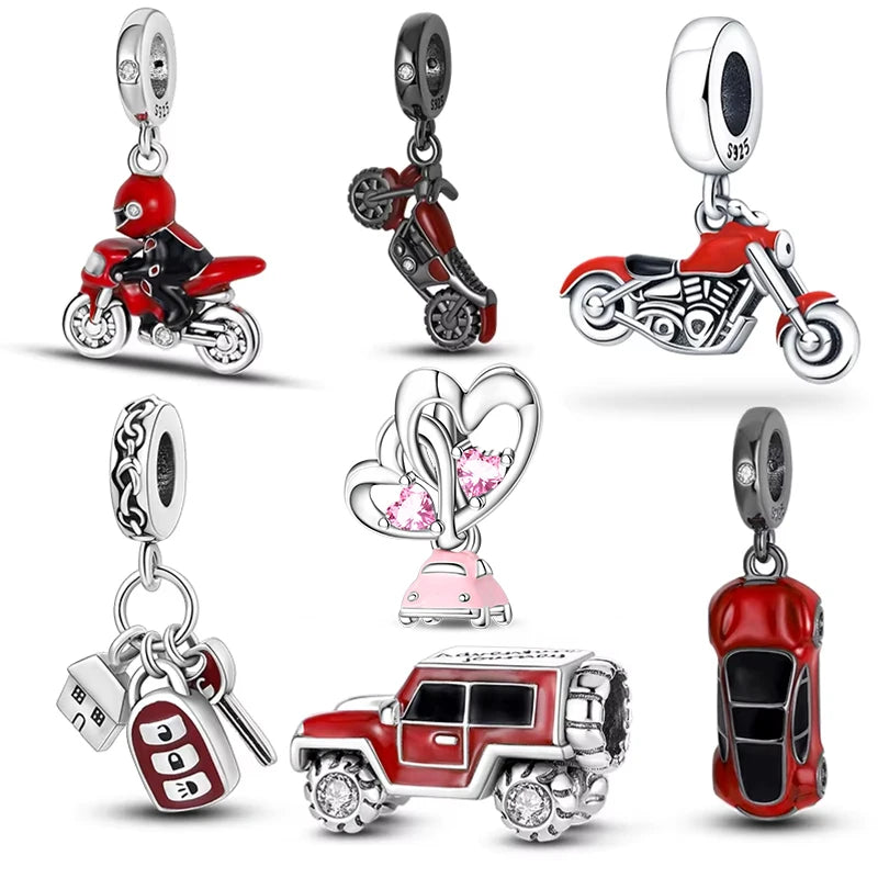 Fashion 100% 925 Silver Red Motorcycle Sports Car SUV Bus Charms Beads For Women Fit DIY Pan Bracelets Party Birthday Jewelry