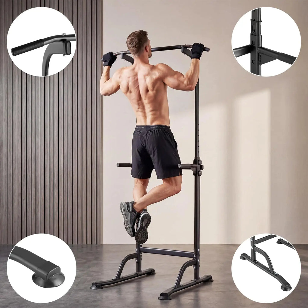 Power Tower Pull Up Dip Station 10 Level Adjustable Height 330 LBS Capacity Heavy Duty Steel Frame Multi Function Home Gym Strength Training Equipment For Full Body Workout