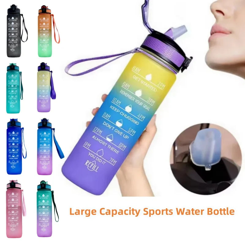 1000ML Large Capacity Sports Water Bottle with Time-Tracking Straw Leak Proof Locking Flip Cover for Outdoor Fitness