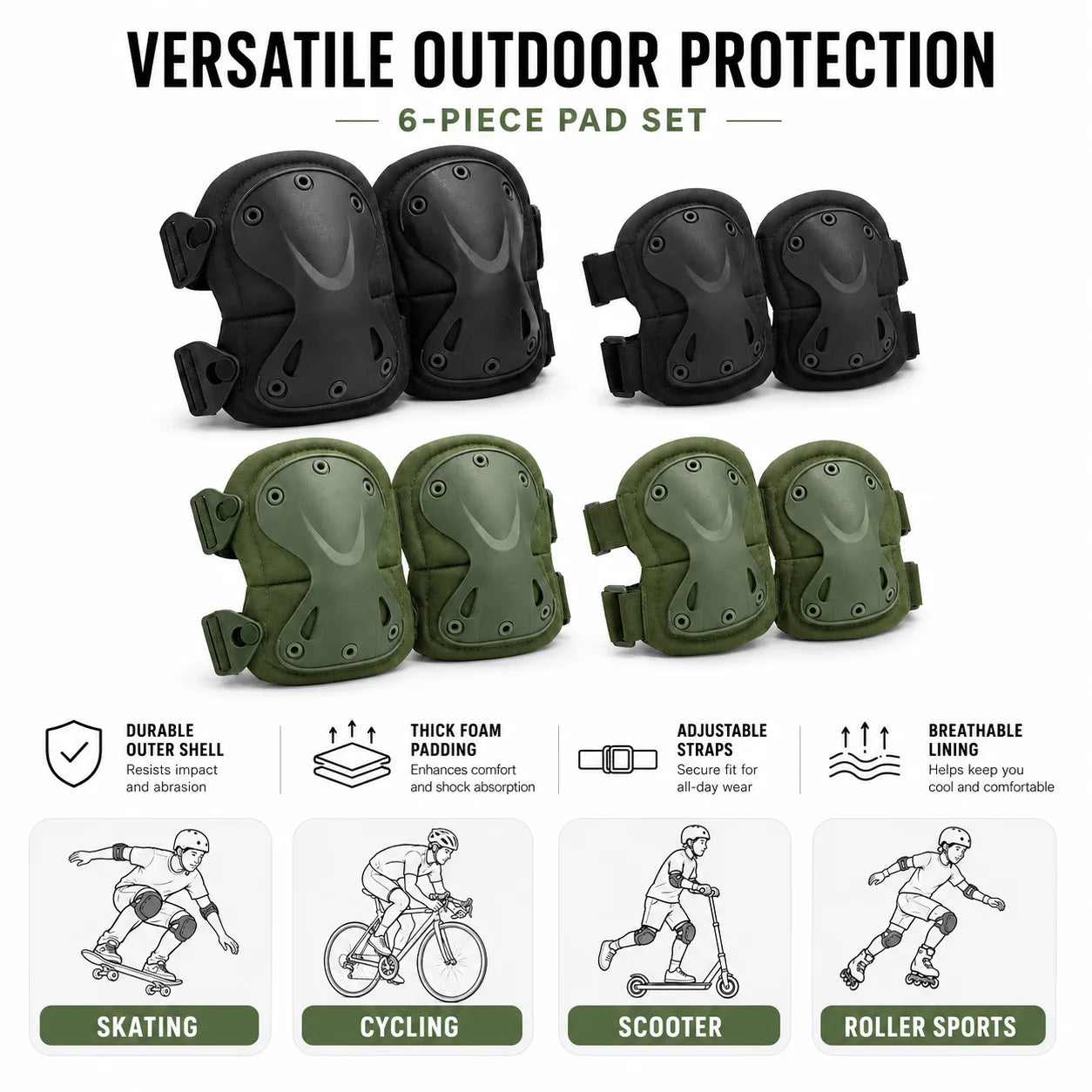 2Pcs Protective Pads Set Knee Elbow Pads Adjustable Straps Hard Shell for Skating Cycling Scooter Outdoor Sports Safety Gear Kit