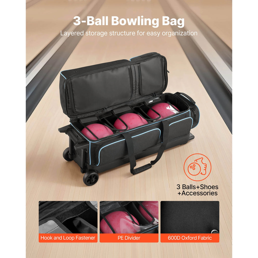 SucceBuy Bowling Ball Bag 3 Ball Double Roller Bowling Bag Featuring a Separate Compartment for Shoes Retractable Handle Extends