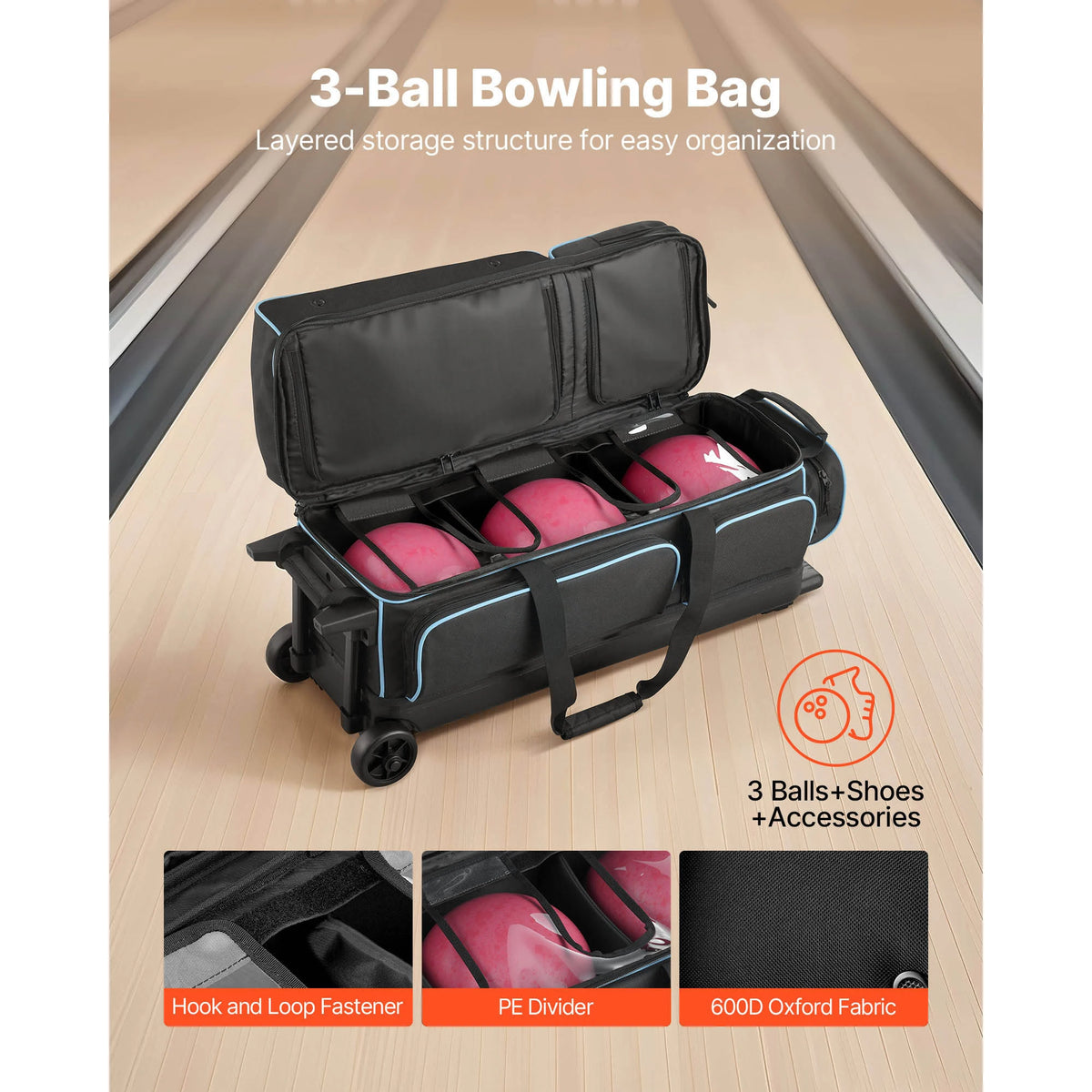 SucceBuy Bowling Ball Bag 3 Ball Double Roller Bowling Bag Featuring a Separate Compartment for Shoes Retractable Handle Extends
