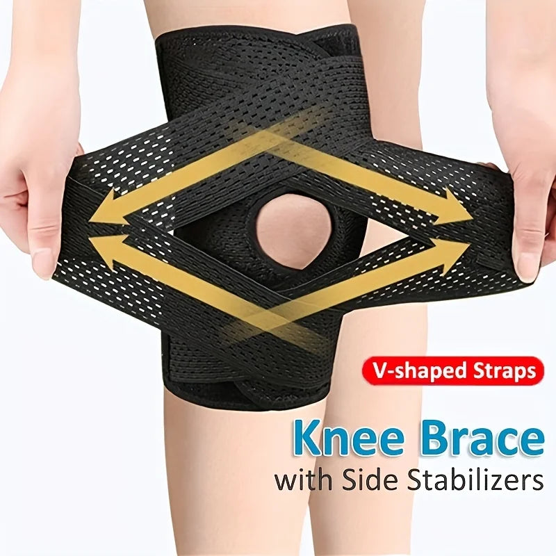 1pc Adjustable Compression Knee Brace with V-Shaped Cross Strap 4 Spring Side Stabilizers Breathable Knee Support for Stability