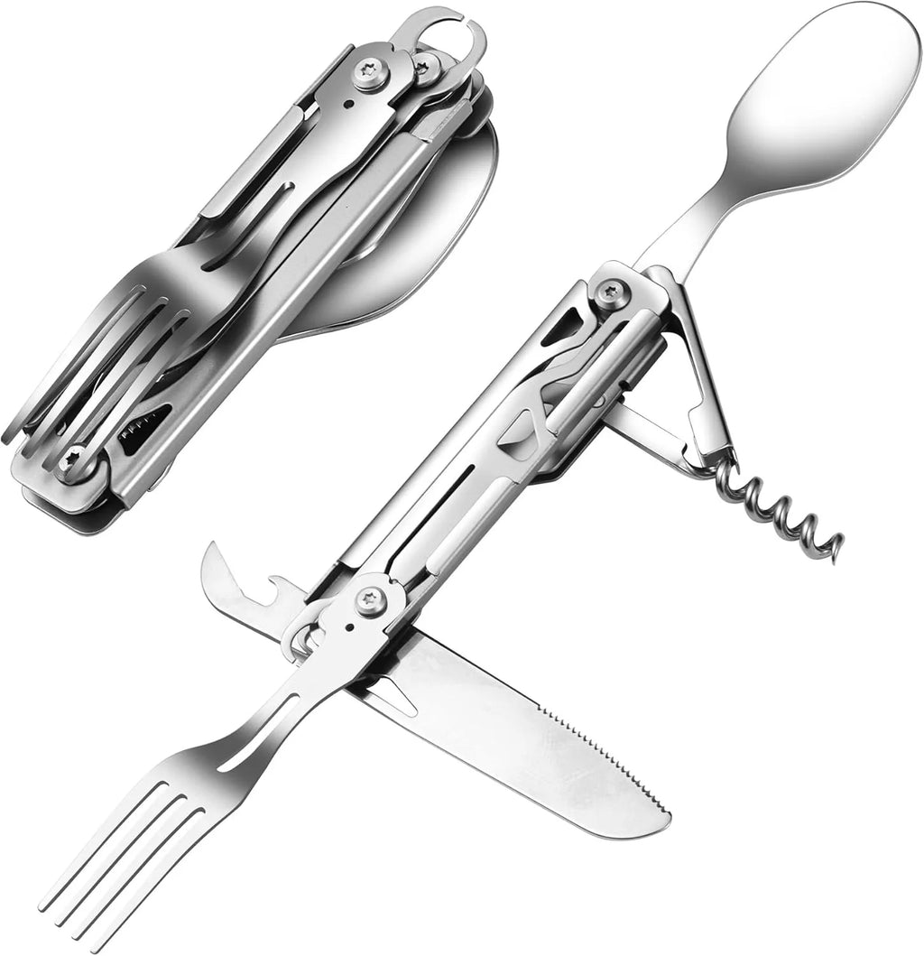 Portable Stainless Steel Foldable Cutlery Set, Knife Fork Spoon Combo, Lightweight Reusable Tableware for Camping Picnic Hiking