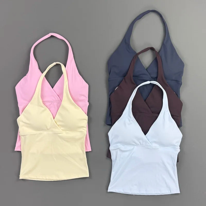 Women Halter Cropped Tank Top V‑Neck Built‑in Padded Bra Sleeveless Stretchy Soft Camisole Yoga Gym Workout Fitness ActiveWear