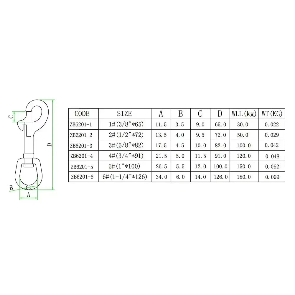 1PC 316 Stainless Steel Swivel Eye Bolt Spring Snap Hook 65/72/82/91/100/126mm Marine Diving D Ring Snap Hooks With Swivel