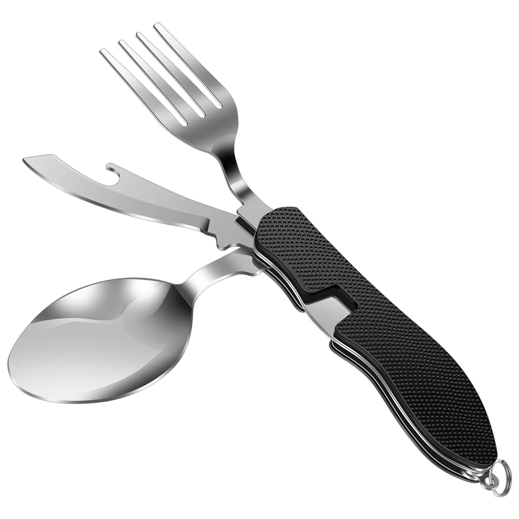 3 In 1 Multi-functional Outdoor Camp Tableware Stainless Steel Foldable Fork Spoon Bottle Opener Kit for Picnic Camping Utensils