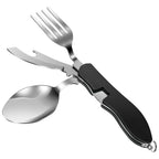 3 In 1 Multi-functional Outdoor Camp Tableware Stainless Steel Foldable Fork Spoon Bottle Opener Kit for Picnic Camping Utensils