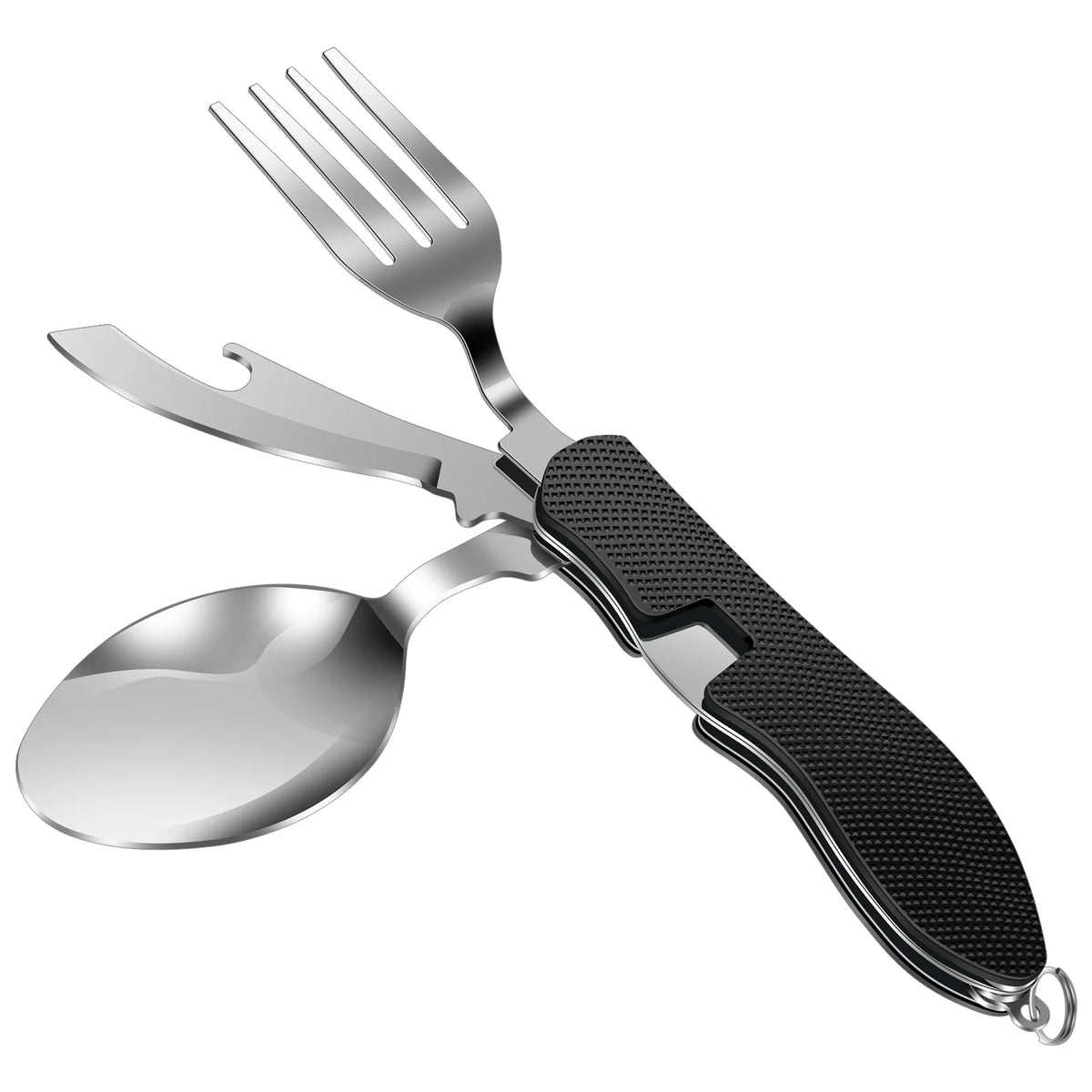 3 In 1 Multi-functional Outdoor Camp Tableware Stainless Steel Foldable Fork Spoon Bottle Opener Kit for Picnic Camping Utensils