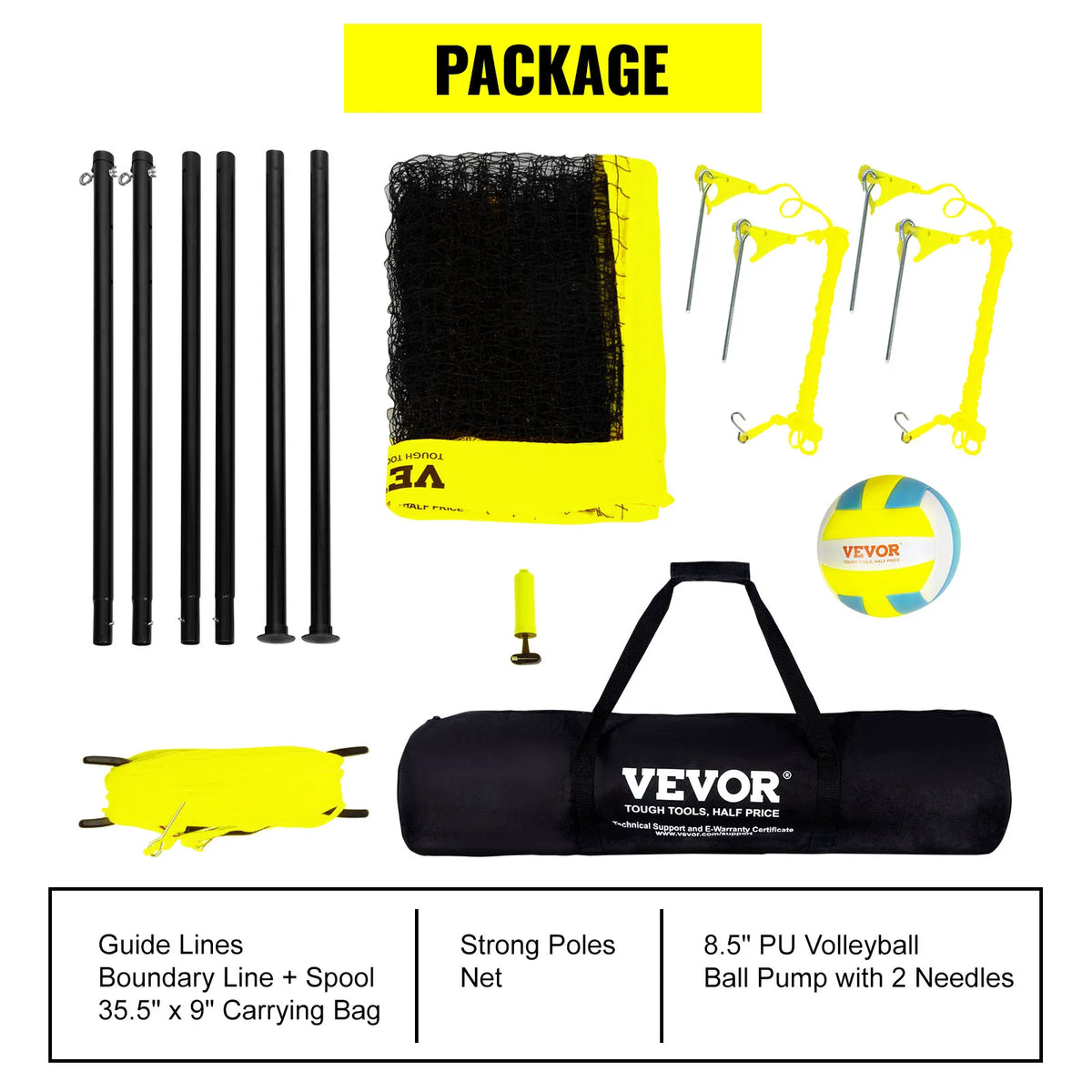 SucceBuy Outdoor Volleyball Net System Adjustable Height Steel Poles with PVC Volleyball Pump Carrying Bag for Backyard Lawn