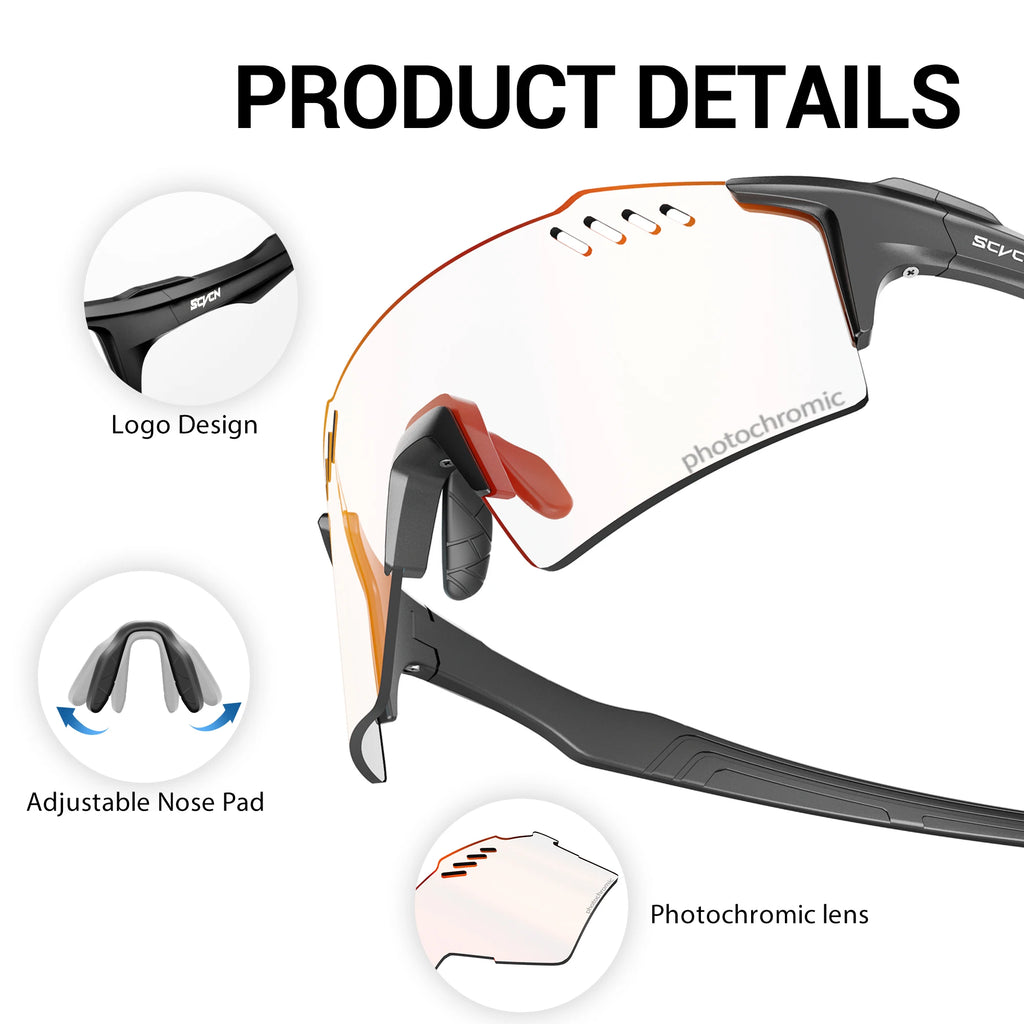 SCVCN Photochromic Bike Cycling Glasses UV400 Bicycle Riding Eyewear Sports MTB Outdoor Sports Golf Camping Driving Eyepieces