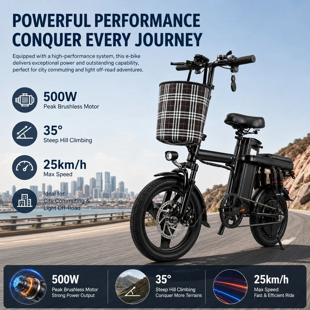 Foldable Electric Bike for Adults 500W 48V 15Ah 14" Tires 8 Shock Absorbers Portable Commuter E-Bicycle Folding Scooter
