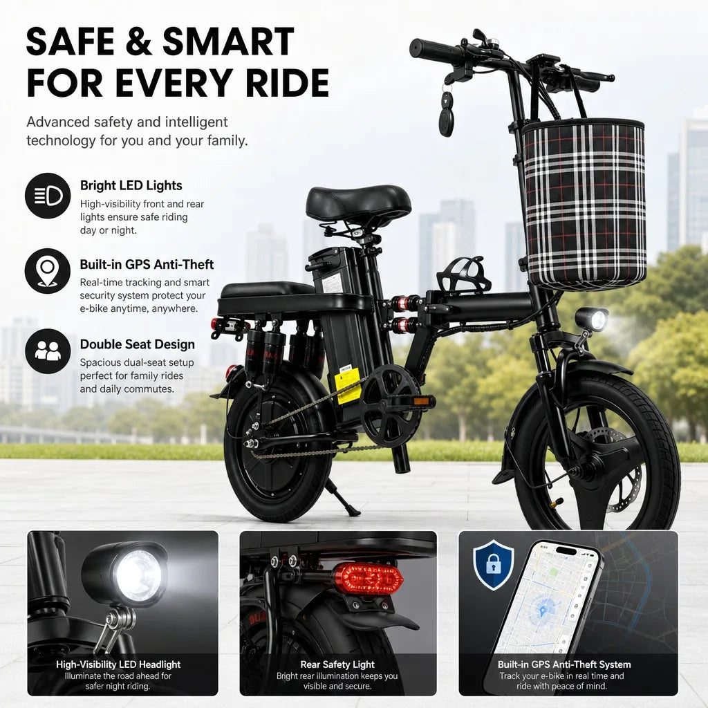 Foldable Electric Bike for Adults 500W 48V 15Ah 14" Tires 8 Shock Absorbers Portable Commuter E-Bicycle Folding Scooter