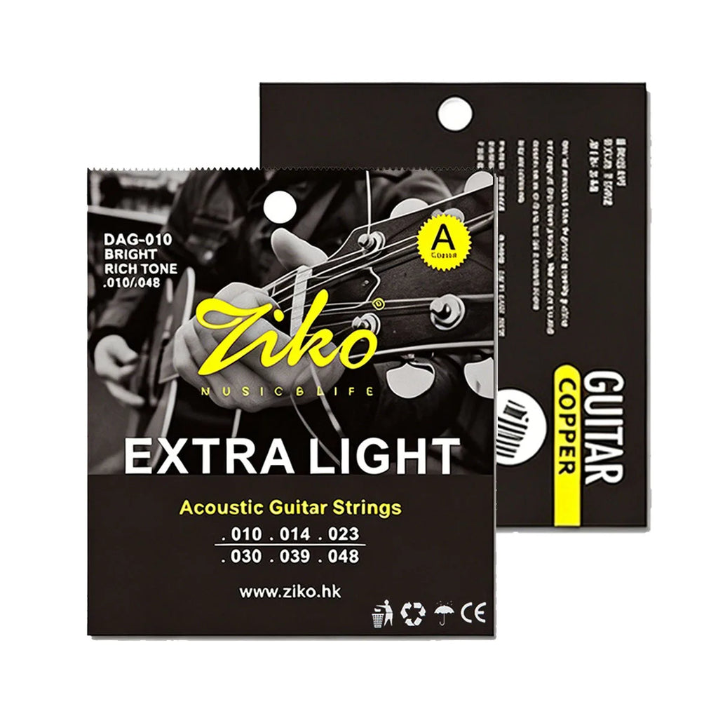 ZIKO 1Set DAG-010 Folk Guitar Strings – Brass,010-048, Extra Light Feel, Balanced Sound, Anti-Corrosion Pack, 880mm Length, 6pcs