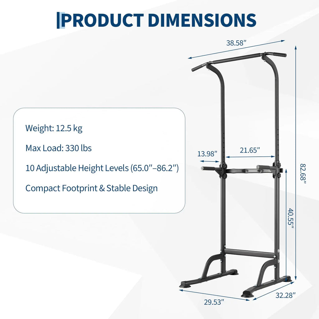 Power Tower Pull Up Dip Station 10 Level Adjustable Height 330 LBS Capacity Heavy Duty Steel Frame Multi Function Home Gym Strength Training Equipment For Full Body Workout