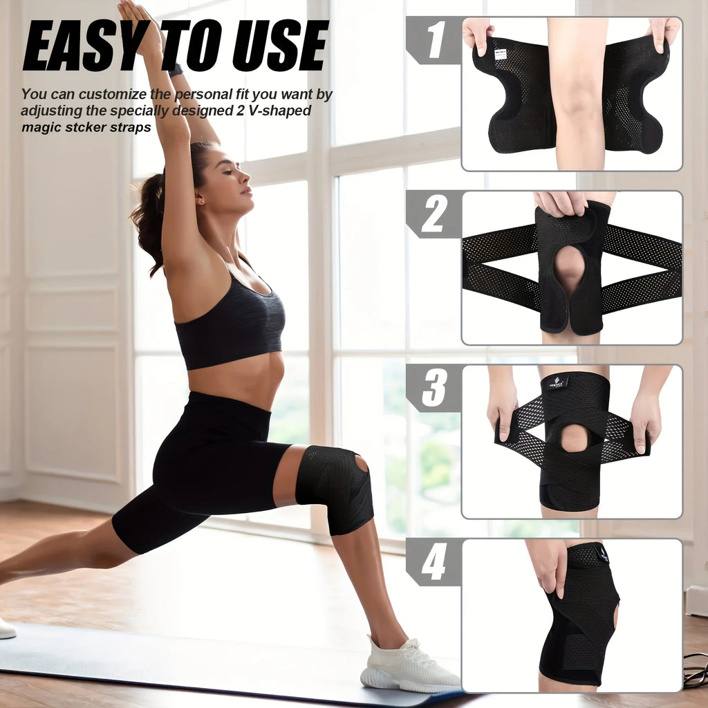 1pc Adjustable Compression Knee Brace with V-Shaped Cross Strap 4 Spring Side Stabilizers Breathable Knee Support for Stability