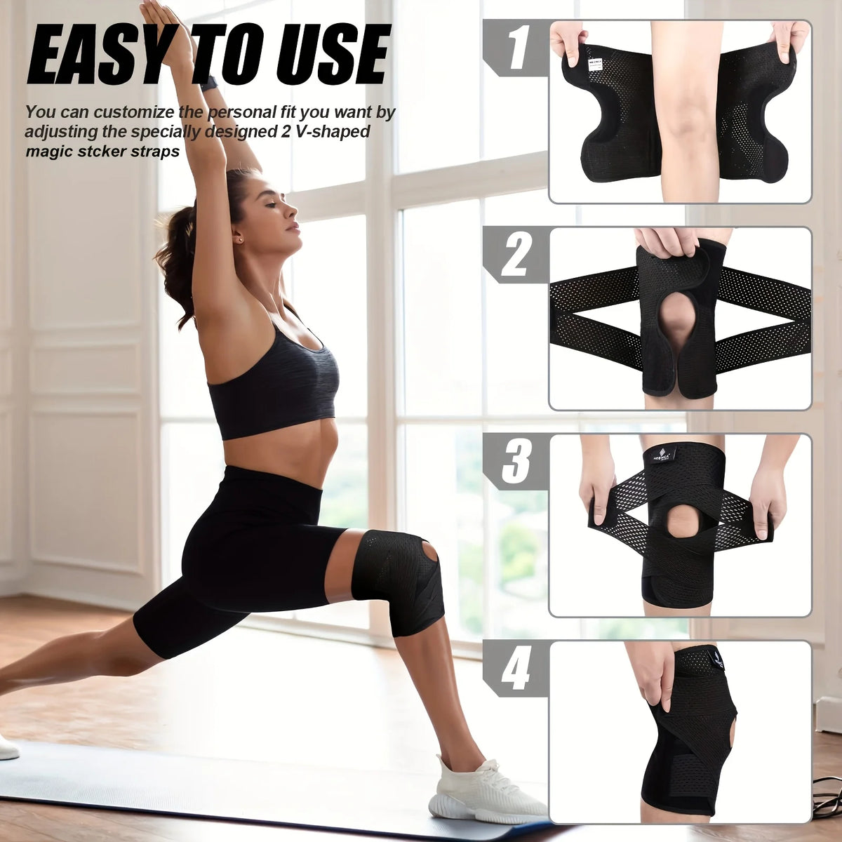 1pc Adjustable Compression Knee Brace with V-Shaped Cross Strap 4 Spring Side Stabilizers Breathable Knee Support for Stability