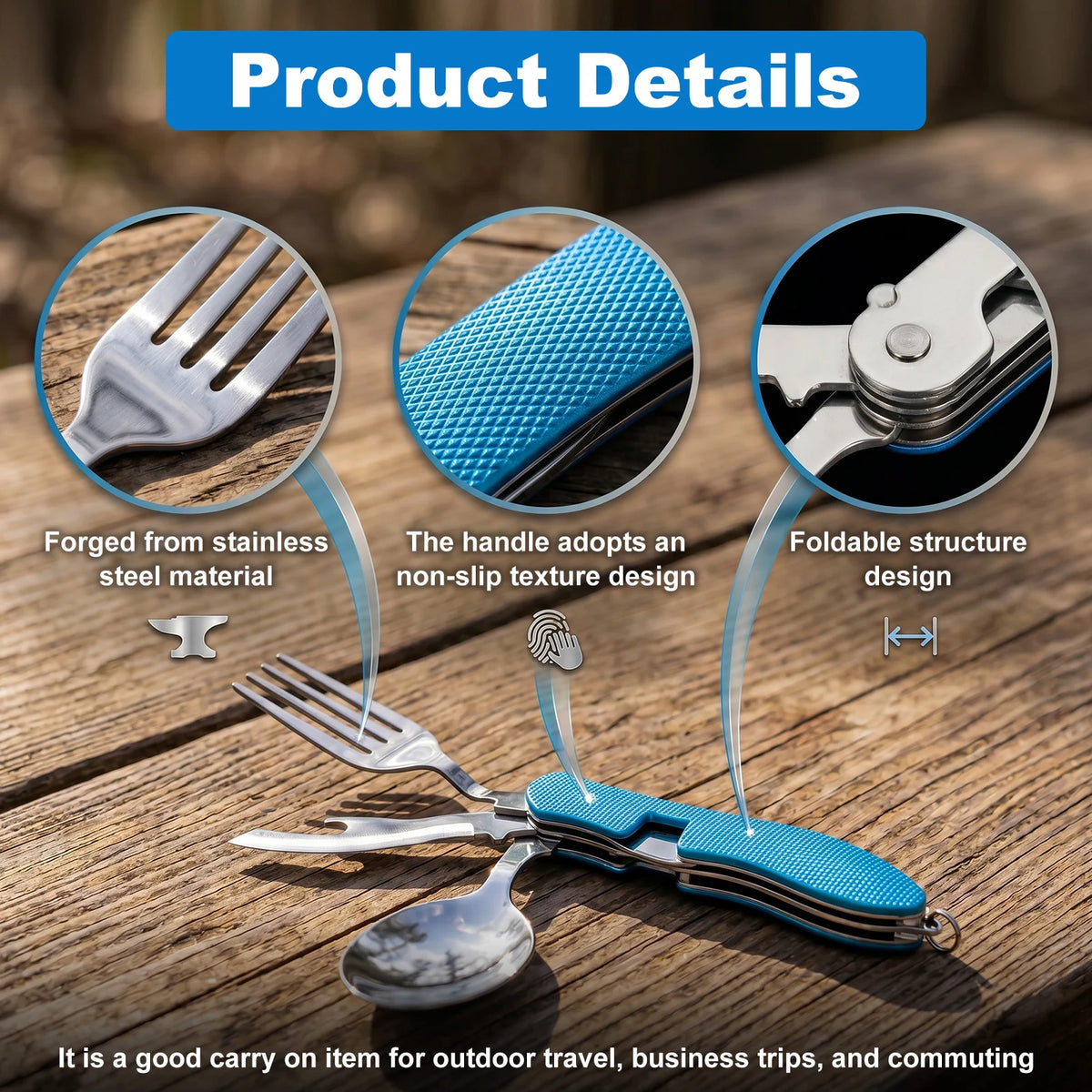 3 In 1 Multi-functional Outdoor Camp Tableware Stainless Steel Foldable Fork Spoon Bottle Opener Kit for Picnic Camping Utensils