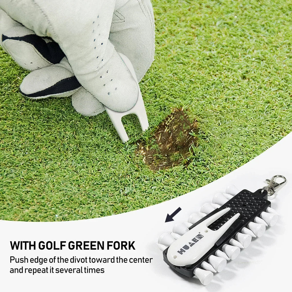 Golf Tees Rack with 12pcs Tees Green Fork and Pencil Portable Golf Accessory Storage Device TC001