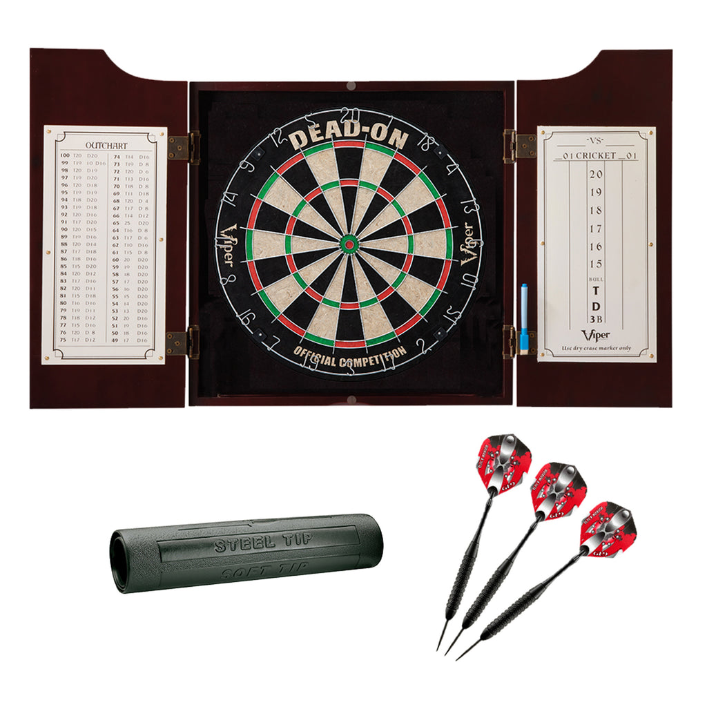 Viper Hudson Dartboard Cabinet, Viper Dead-On Bristle Dartboard, Viper Black Mariah Steel Tip Darts 22 Grams, And Viper Vinyl Da