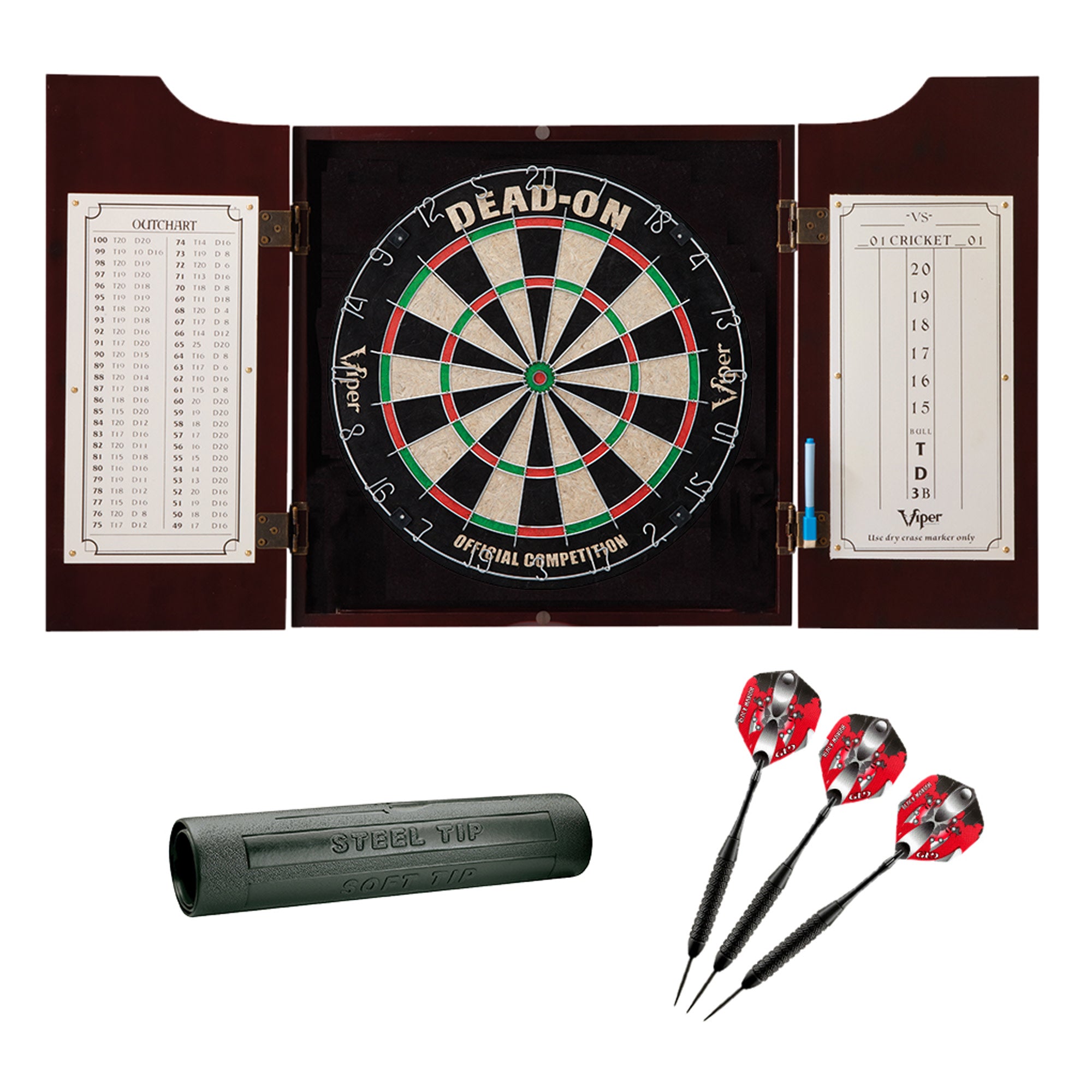 Viper Hudson Dartboard Cabinet, Viper Dead-On Bristle Dartboard, Viper Black Mariah Steel Tip Darts 22 Grams, And Viper Vinyl Da
