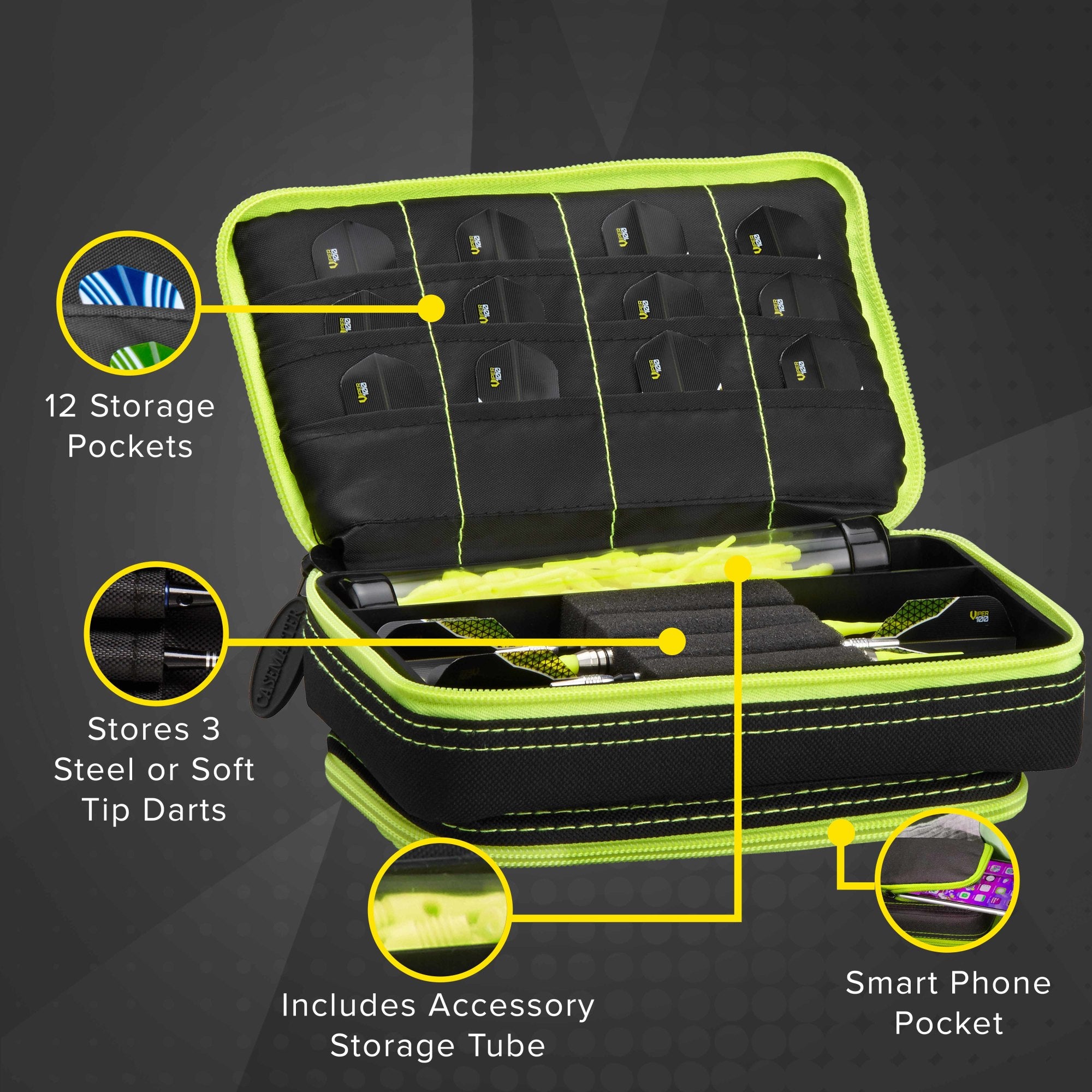 Casemaster Plazma Plus Dart Case Black With Yellow Zipper And Phone Pocket