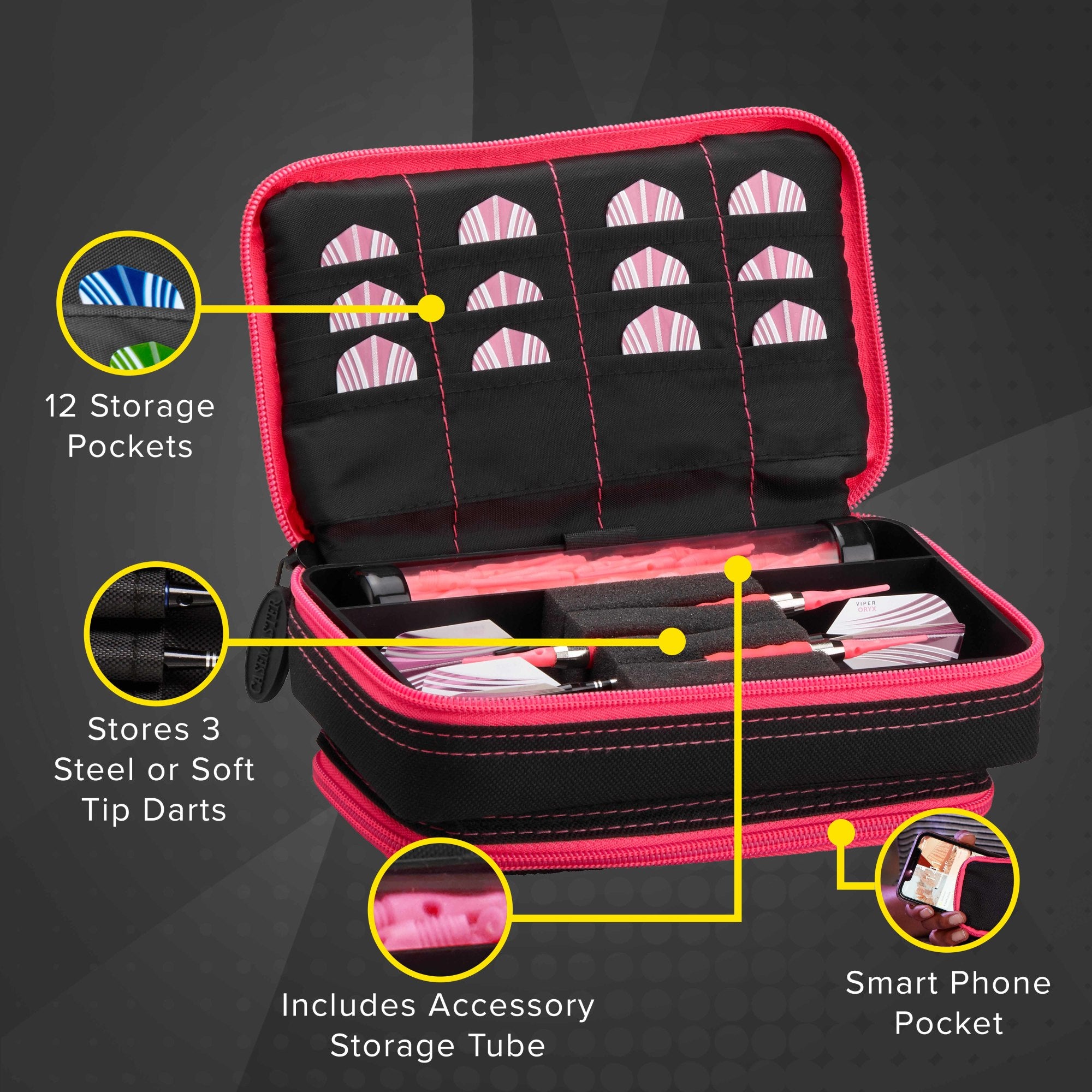 Casemaster Plazma Plus Dart Case Black With Pink Zipper And Phone Pocket