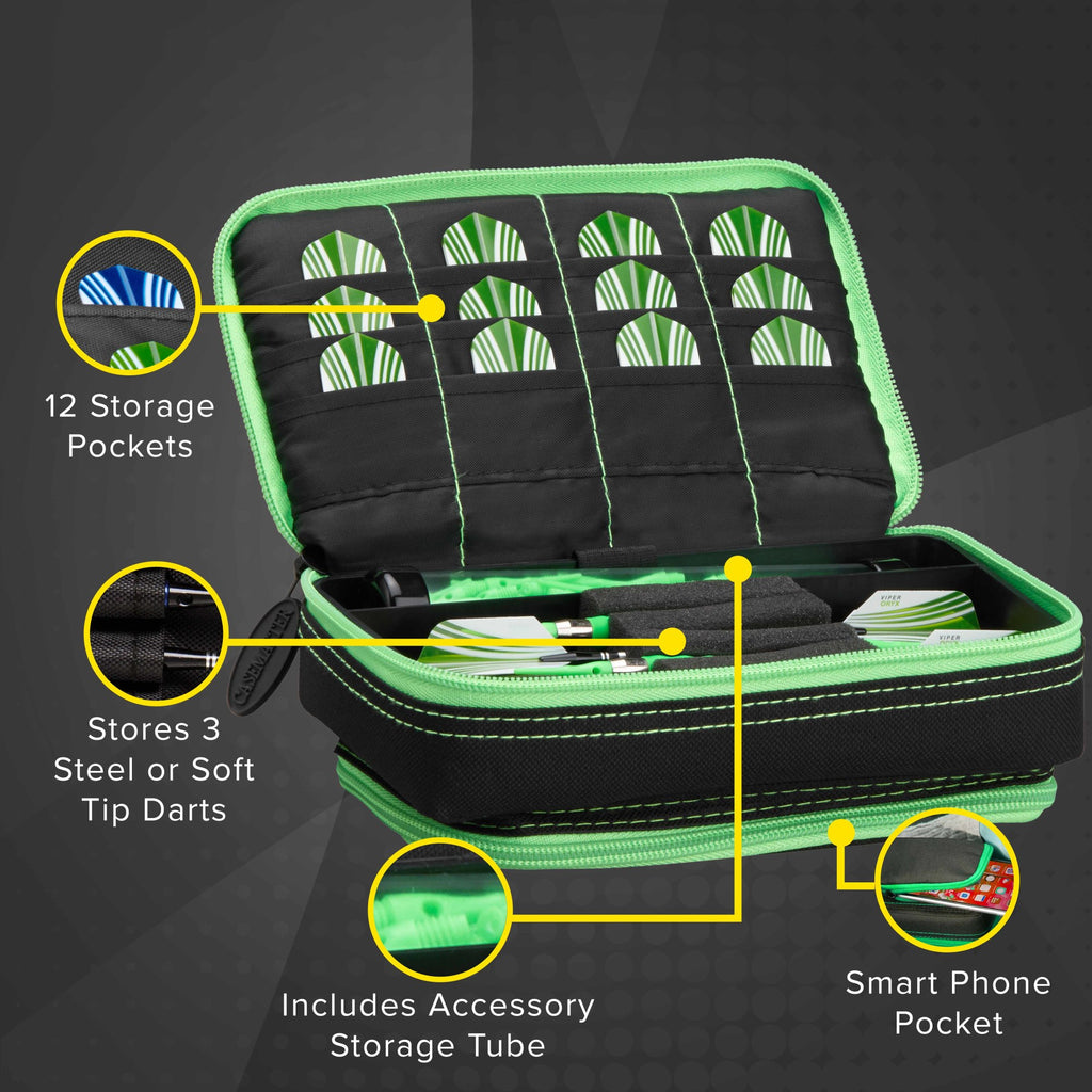 Casemaster Plazma Plus Dart Case Black With Green Zipper And Phone Pocket