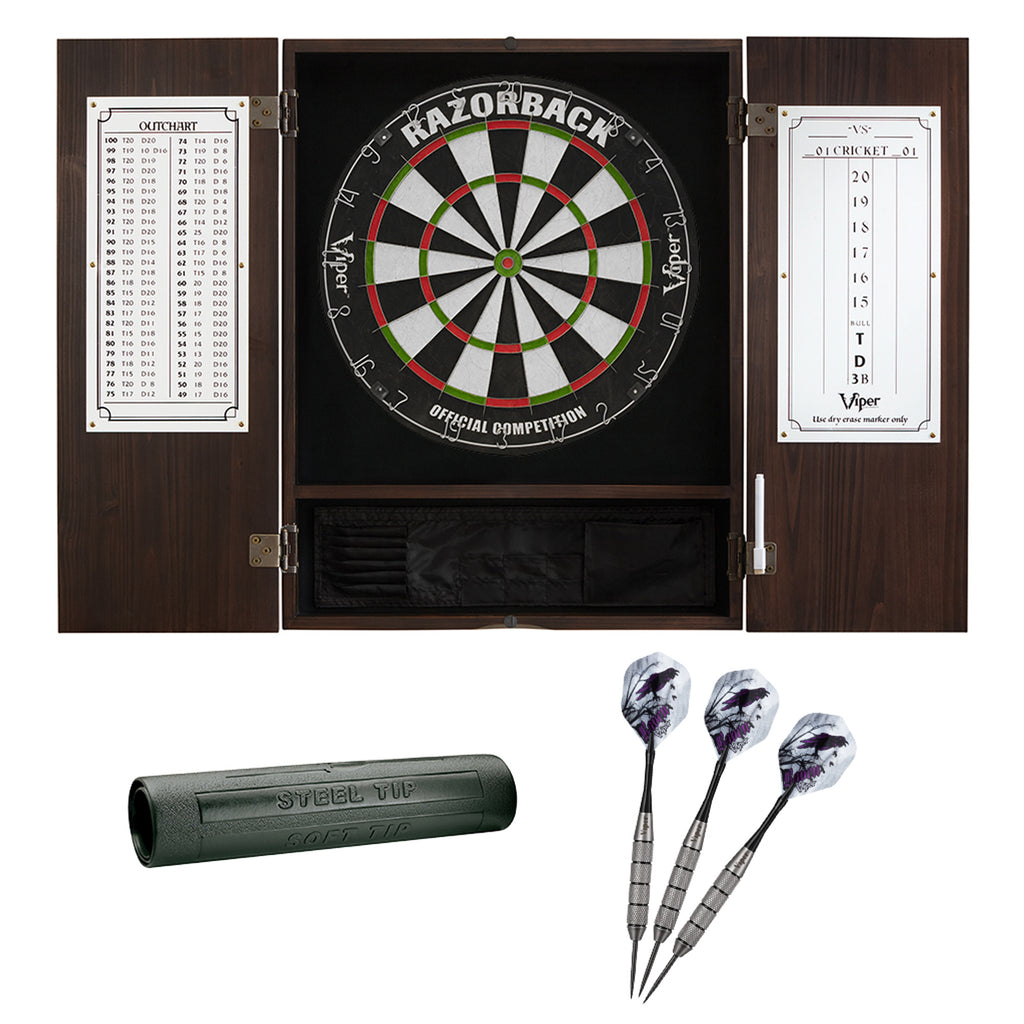 Viper Espresso Metropolitan Steel Tip Cabinet, Viper Razorback Sisal Dartboard, Viper Underground Raven Steel Tip Darts 25 Grams
