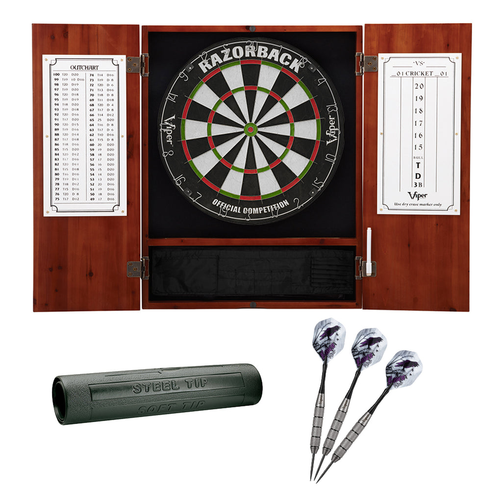 Viper Metropolitan Cinnamon Steel Tip Dartboard Cabinet, Viper Razorback Sisal Dartboard, Viper Underground Raven Steel Tip Dart
