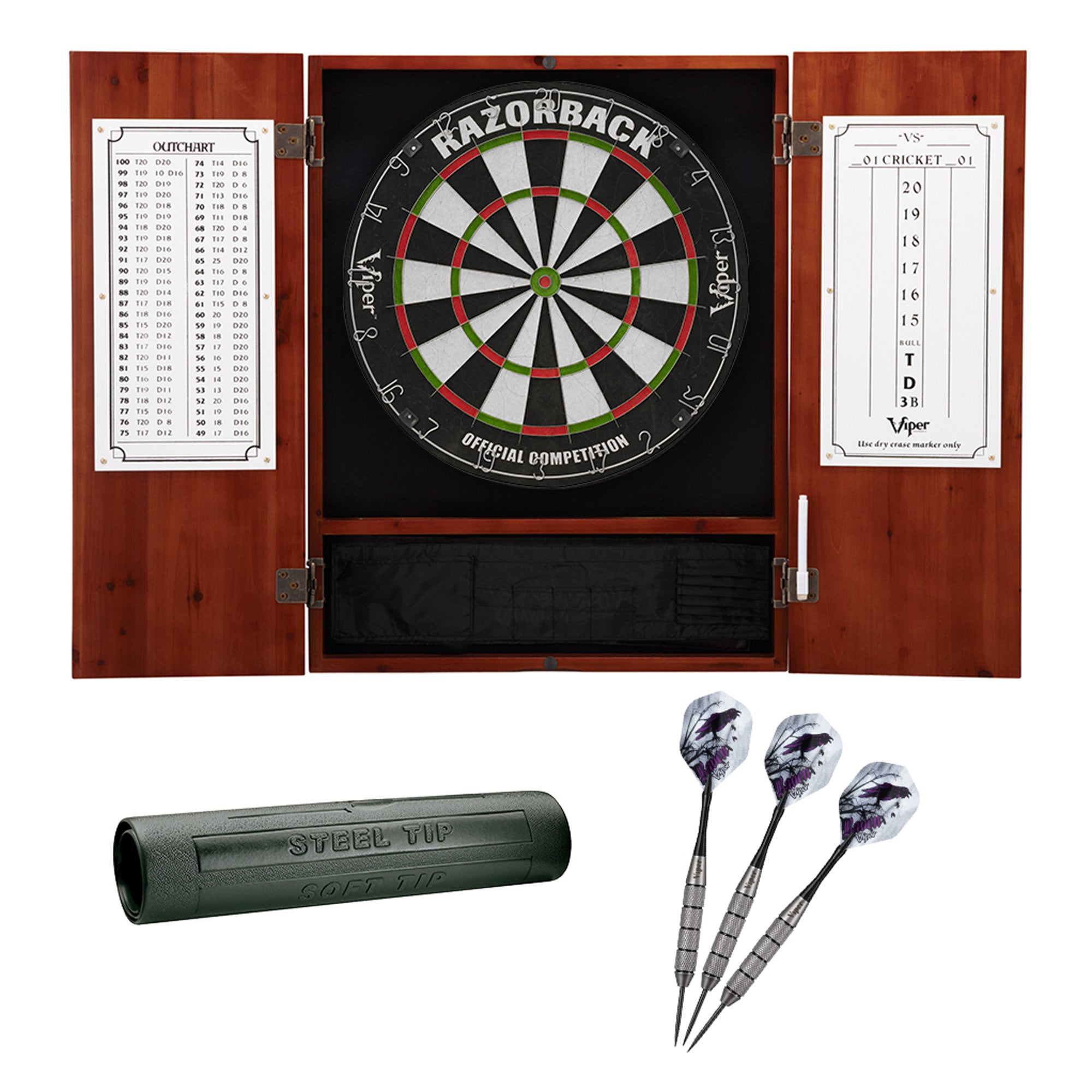 Viper Metropolitan Cinnamon Steel Tip Dartboard Cabinet, Viper Razorback Sisal Dartboard, Viper Underground Raven Steel Tip Dart
