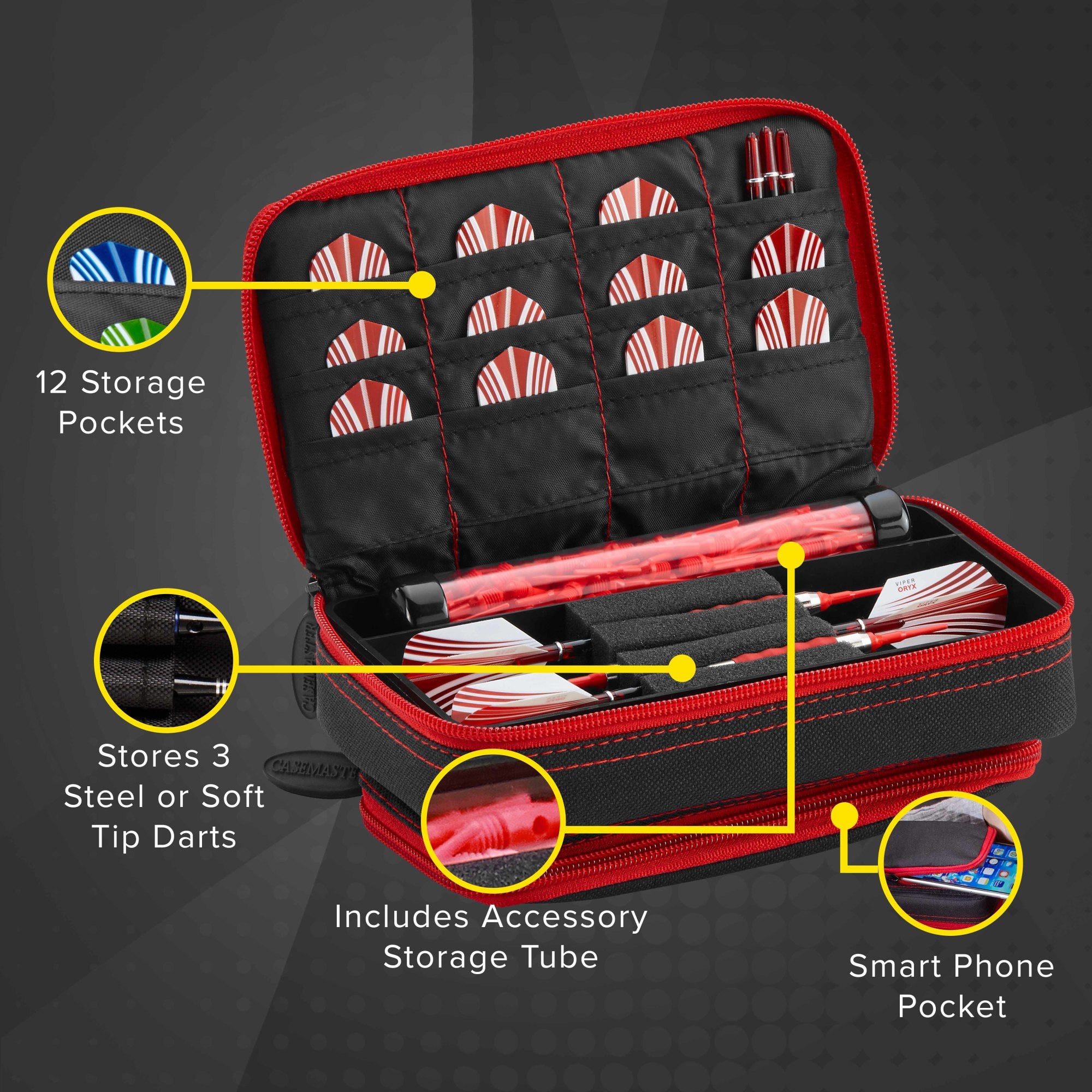Casemaster Plazma Plus Dart Case Black With Ruby Zipper And Phone Pocket