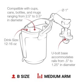 RAM Mounts Level Cup 16oz Drink Holder with Handlebar U-Bolt Base RAM-B-132RU with Medium Arm for Motorcycle, ATV/UTV, Bike