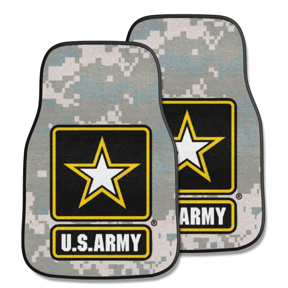 FANMATS 6555 U.S. Army Front 2-Piece Military Logo Carpet Car Mat Set, Front Row Automotive Floor Mats, Non-Slip Backing - Gray