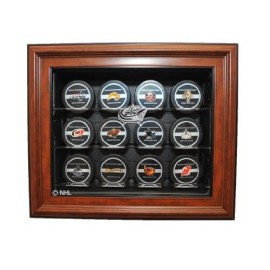 12 Puck Cabinet Style Display Case, Brown - Columbus Blue Jackets - Nhl Memorabilia