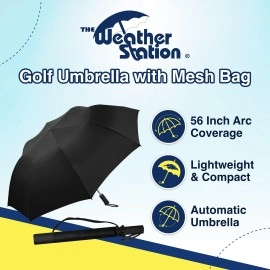 Weather Station 56 Inch Golf Umbrella, Automatic Compact, Lightweight, and Wind Resistant Two Person Folding Umbrella for Travel and Rain, Mesh Carry Bag, Black
