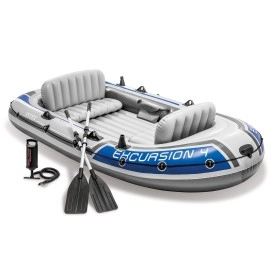 Intex 68324Ep Excursion 4 Inflatable Boat Set: Includes Deluxe 54In Aluminum Oars And High-Output Pump - Adjustable Seats With Backrest - Fishing Rod Holders - 4-Person - 1100Lb Weight Capacity