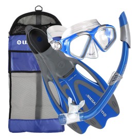 Us Divers Cozumel Seabreeze Adult Snorkeling Combo Set With Adjustable Mask, Snorkel, Large Fins (95 - 115), And Travel Bag, Electric Blue