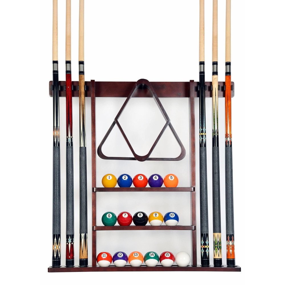 Iszy Billiards Pool Cue Rack - Billiard Pool Stick And Ball Holder Only - 100% Wood Wall Mount Holds 6 Cues And 16 Balls - Pool Table Accessories, Mahogany