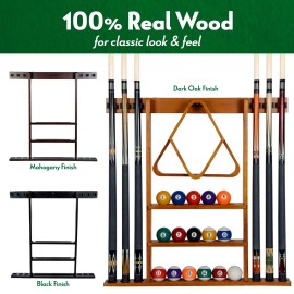 Iszy Billiards Pool Cue Rack - Billiard Stick Holder Only - 100% Wood Wall Mount Holds 6 Cues and a Full Set of Balls - Pool Accessories, Black