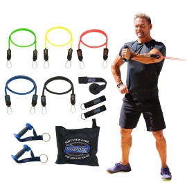 Bodylastics Resistance Band Set, 5 Resistance Bands for Working Out, Exercise Bands with Handles and Gym Ankle Straps, Stackable Workout Bands, Up to 96 lbs, Patented Clips & Snap Reduction Tech