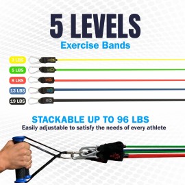 Bodylastics Resistance Band Set, 5 Resistance Bands for Working Out, Exercise Bands with Handles and Gym Ankle Straps, Stackable Workout Bands, Up to 96 lbs, Patented Clips & Snap Reduction Tech